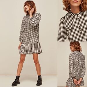 WHISTLES Gingham Dress Long Sleeve Ruffle Hem Five Front Buttons Band Collar
